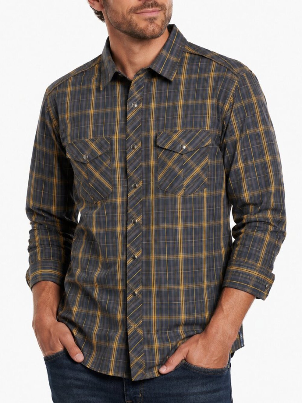 KUHL Eluxur Long Sleeve Pearl Snap Button Down Shirt Black Gold Men's Medium